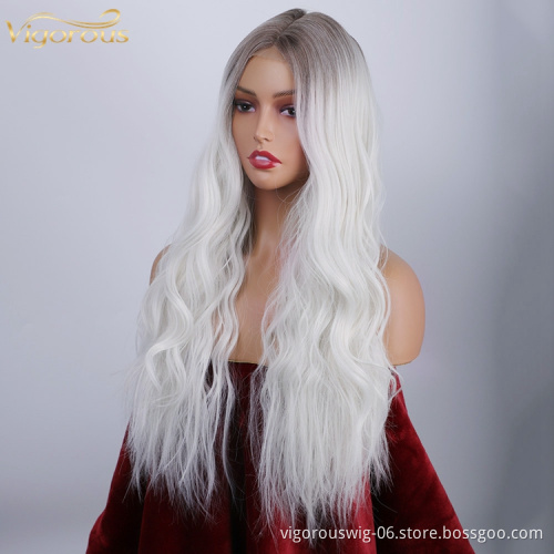 Best Selling Supplier Synthetic Hair Wig With Lace Long Body Wave Ombre White Color Hair Good Private Label Cheap Price